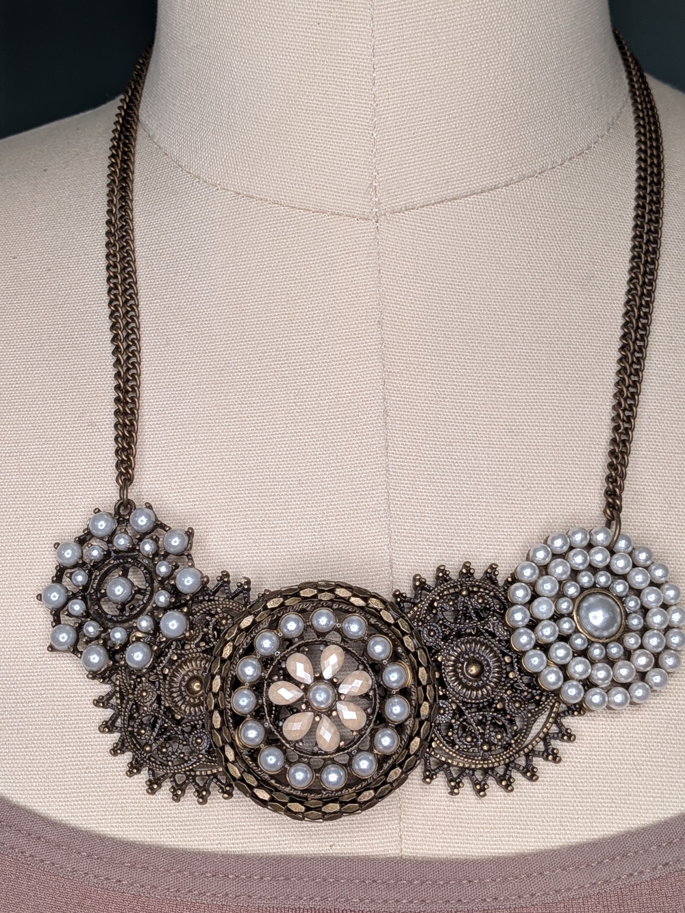 Steampunk Gear Faux Pearl Statement Collar Necklace Antique Brass Bronze